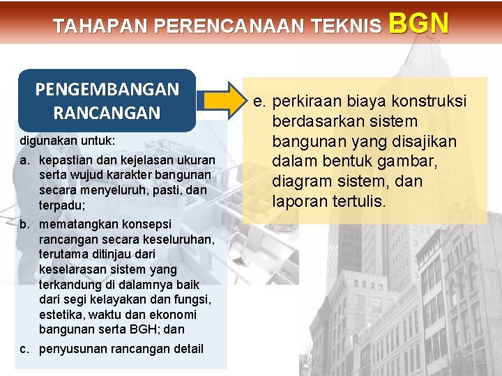 PENGEMBANGAN RANCANGAN digunakan untuk: a. kepastian dan kejelasan ukuran serta wujud karakter bangunan secara