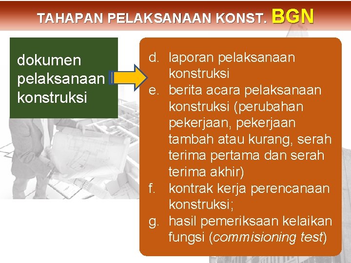 dokumen pelaksanaan konstruksi DIT. PBL TAHAPAN PELAKSANAAN KONST. BGN d. laporan pelaksanaan konstruksi e.