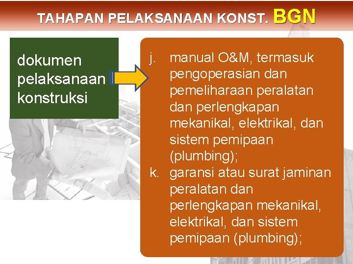 dokumen pelaksanaan konstruksi j. manual O&M, termasuk pengoperasian dan pemeliharaan peralatan dan perlengkapan mekanikal,