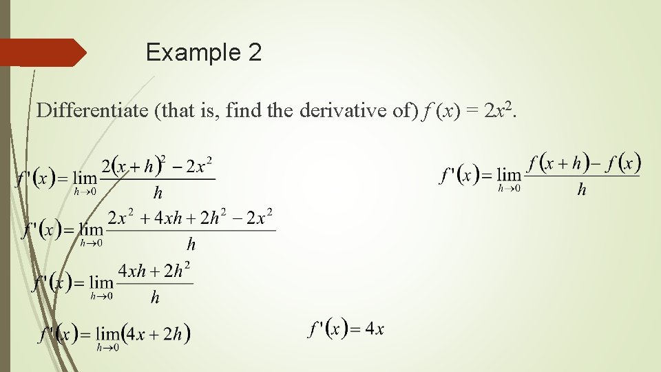 Example 2 Differentiate (that is, find the derivative of) f (x) = 2 x