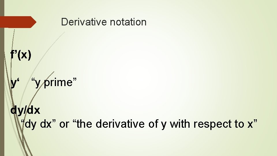 Derivative notation f’(x) y‘ “y prime” dy/dx “dy dx” or “the derivative of y