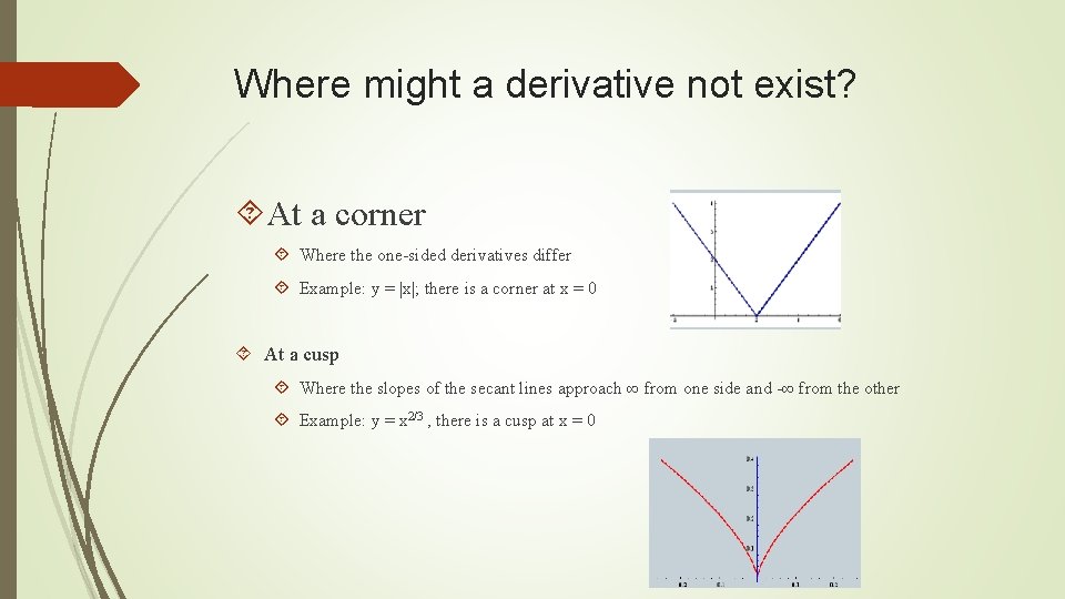 Where might a derivative not exist? At a corner Where the one-sided derivatives differ