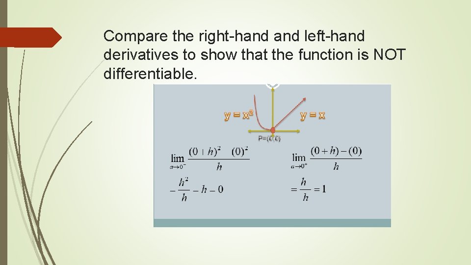 Compare the right-hand left-hand derivatives to show that the function is NOT differentiable. 