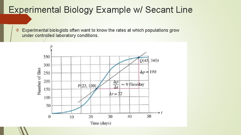 Experimental Biology Example w/ Secant Line Experimental biologists often want to know the rates