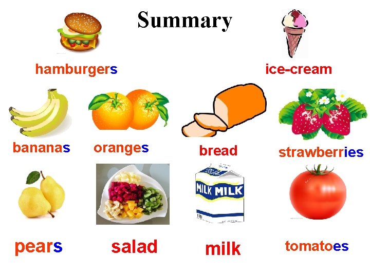 Summary hamburgers bananas pears oranges salad ice-cream bread milk strawberries tomatoes 