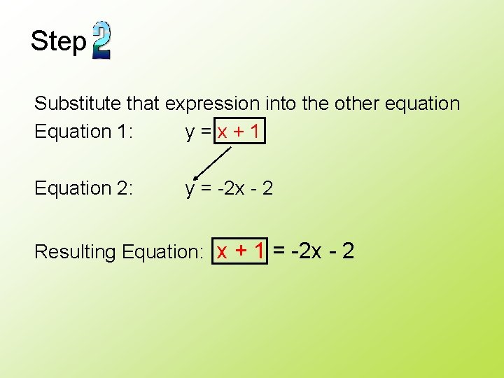Step Substitute that expression into the other equation Equation 1: y=x+1 Equation 2: y