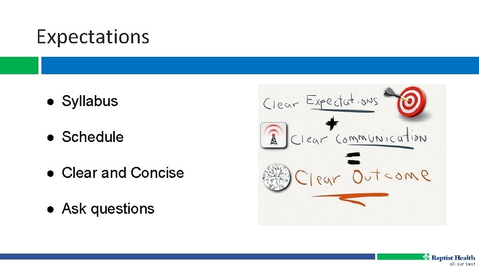 Expectations ● Syllabus ● Schedule ● Clear and Concise ● Ask questions 