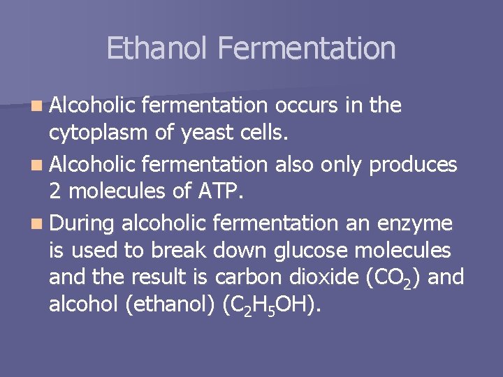 Ethanol Fermentation n Alcoholic fermentation occurs in the cytoplasm of yeast cells. n Alcoholic