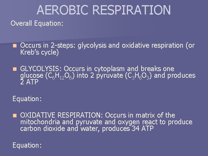 AEROBIC RESPIRATION Overall Equation: n Occurs in 2 -steps: glycolysis and oxidative respiration (or