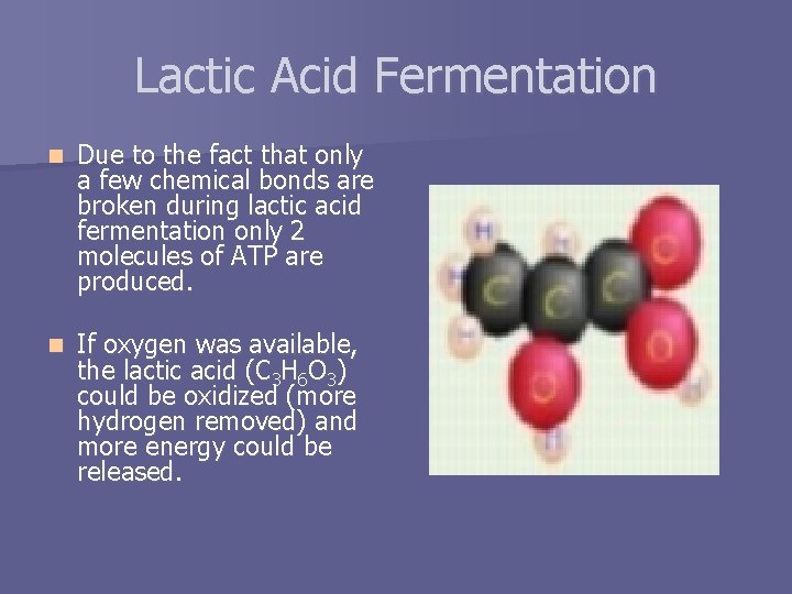 Lactic Acid Fermentation n Due to the fact that only a few chemical bonds