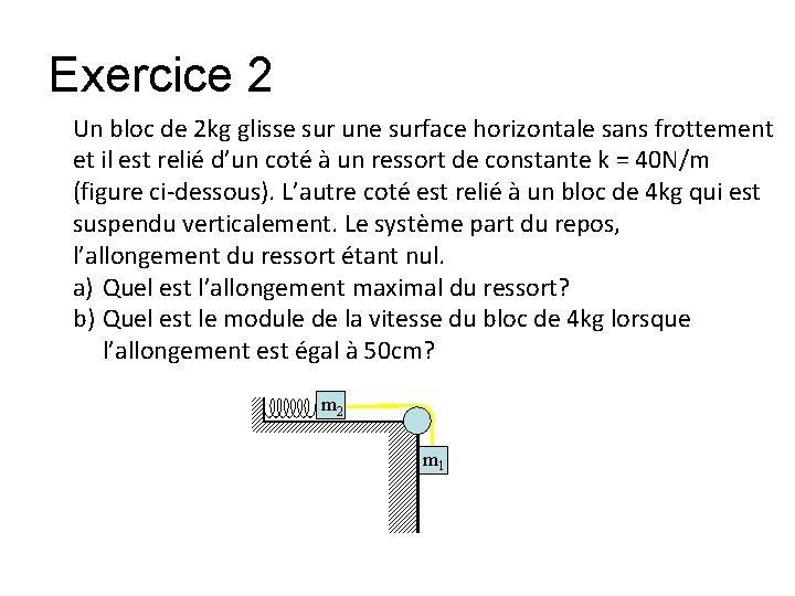 Exercice 2 Un bloc de 2 kg glisse sur une surface horizontale sans frottement