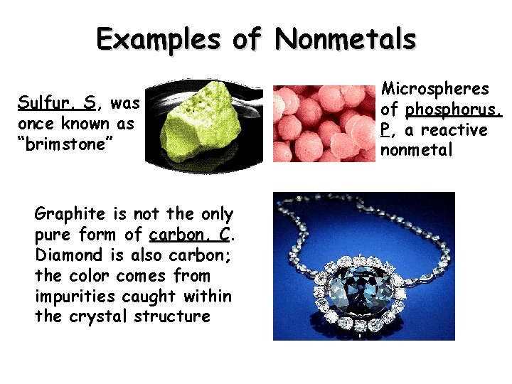 Examples of Nonmetals Sulfur, S, was once known as “brimstone” Graphite is not the Examples of Nonmetals Sulfur, S, was once known as “brimstone” Graphite is not the