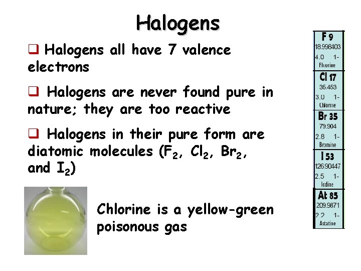 Halogens q Halogens all have 7 valence electrons q Halogens are never found pure Halogens q Halogens all have 7 valence electrons q Halogens are never found pure