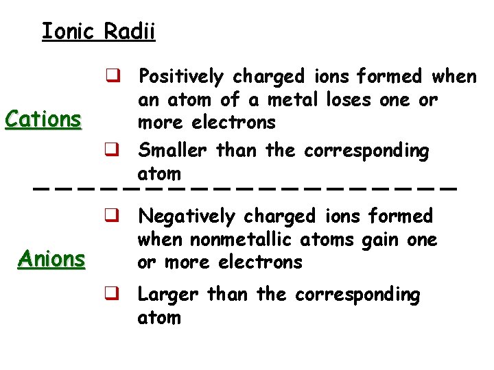 Ionic Radii Cations q Positively charged ions formed when an atom of a metal Ionic Radii Cations q Positively charged ions formed when an atom of a metal