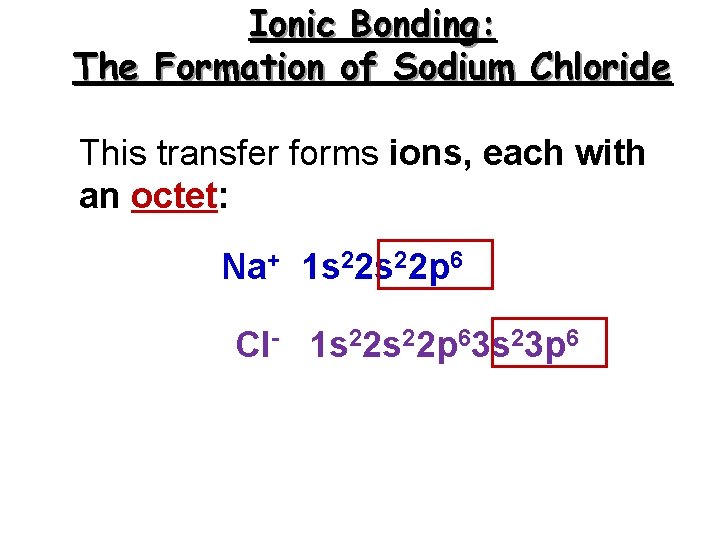 Ionic Bonding: The Formation of Sodium Chloride This transfer forms ions, each with an Ionic Bonding: The Formation of Sodium Chloride This transfer forms ions, each with an
