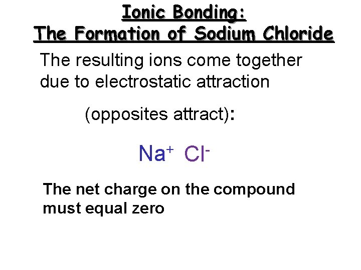 Ionic Bonding: The Formation of Sodium Chloride The resulting ions come together due to Ionic Bonding: The Formation of Sodium Chloride The resulting ions come together due to