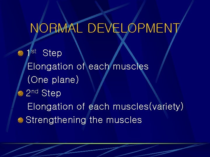 NORMAL DEVELOPMENT 1 st Step Elongation of each muscles (One plane) 2 nd Step