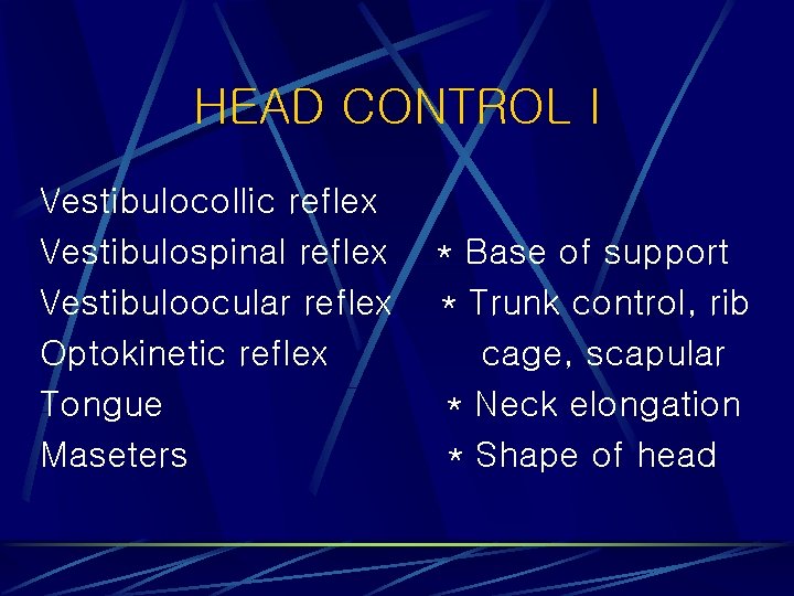 HEAD CONTROL I Vestibulocollic reflex Vestibulospinal reflex Vestibuloocular reflex Optokinetic reflex Tongue Maseters *
