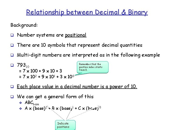 Relationship between Decimal & Binary Background: q Number systems are positional q There are