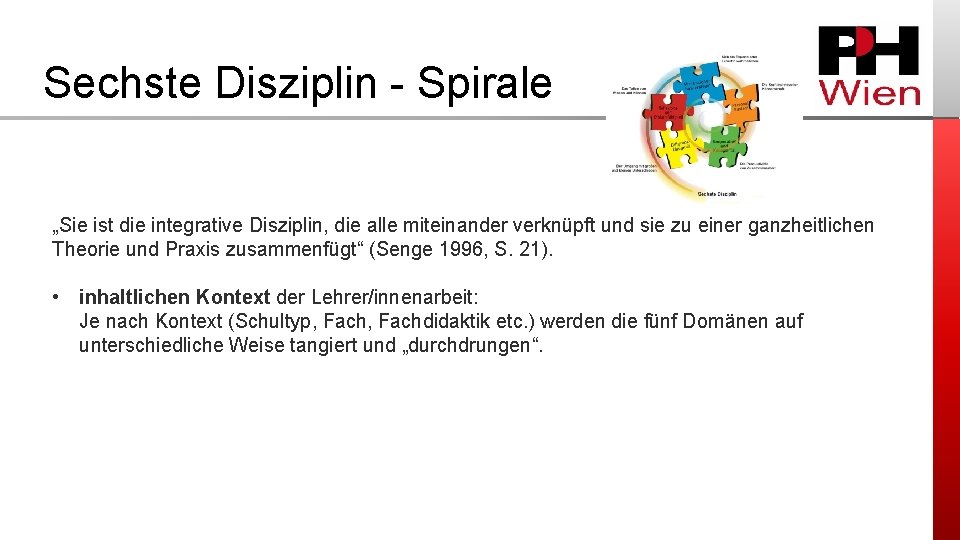 Sechste Disziplin Spirale „Sie ist die integrative Disziplin, die alle miteinander verknüpft und sie