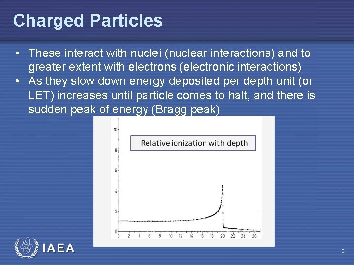 Charged Particles • These interact with nuclei (nuclear interactions) and to greater extent with
