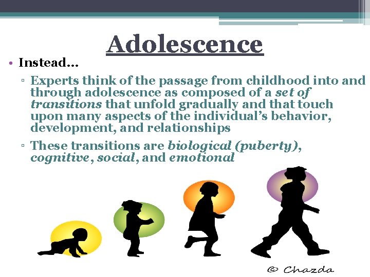 Adolescence • Instead… ▫ Experts think of the passage from childhood into and through