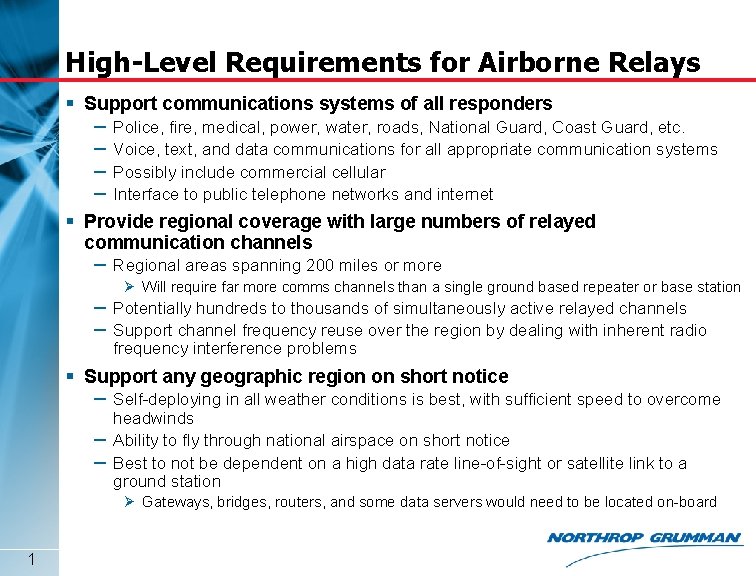 High-Level Requirements for Airborne Relays § Support communications systems of all responders – –