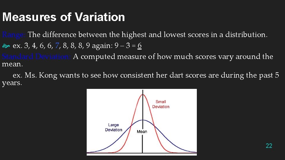 Measures of Variation Range: The difference between the highest and lowest scores in a