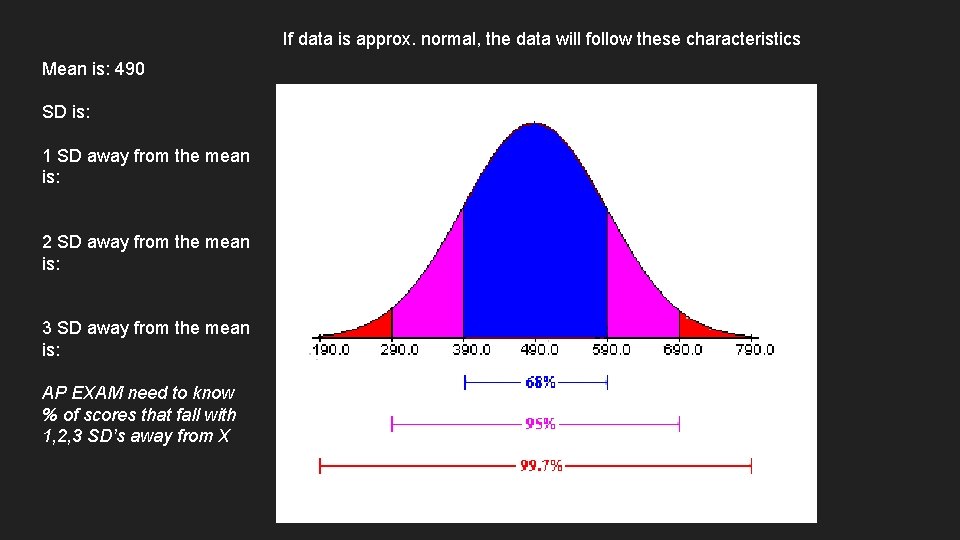 If data is approx. normal, the data will follow these characteristics Mean is: 490