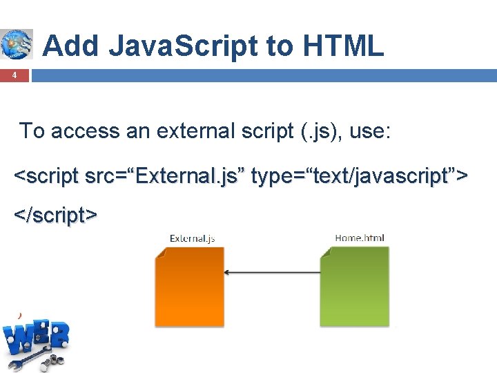 Add Java. Script to HTML 4 To access an external script (. js), use: Add Java. Script to HTML 4 To access an external script (. js), use: