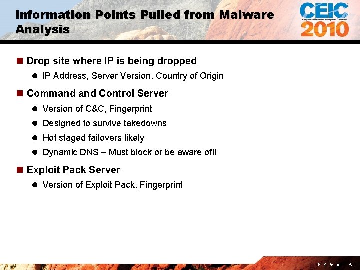 Information Points Pulled from Malware Analysis n Drop site where IP is being dropped