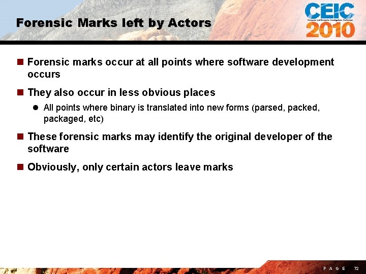 Forensic Marks left by Actors n Forensic marks occur at all points where software