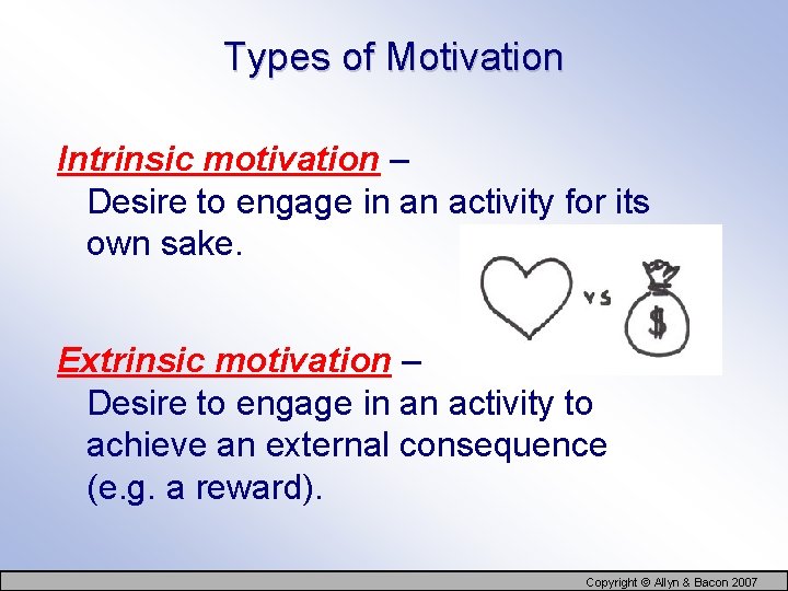 Types of Motivation Intrinsic motivation – Desire to engage in an activity for its