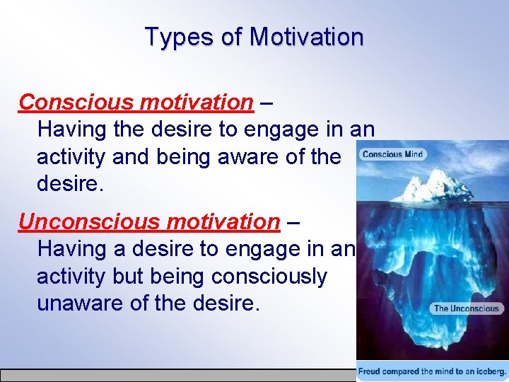 Types of Motivation Conscious motivation – Having the desire to engage in an activity