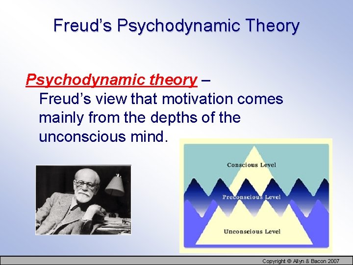 Freud’s Psychodynamic Theory Psychodynamic theory – Freud’s view that motivation comes mainly from the