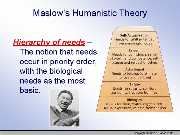 Maslow’s Humanistic Theory Hierarchy of needs – The notion that needs occur in priority