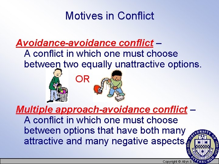 Motives in Conflict Avoidance-avoidance conflict – A conflict in which one must choose between