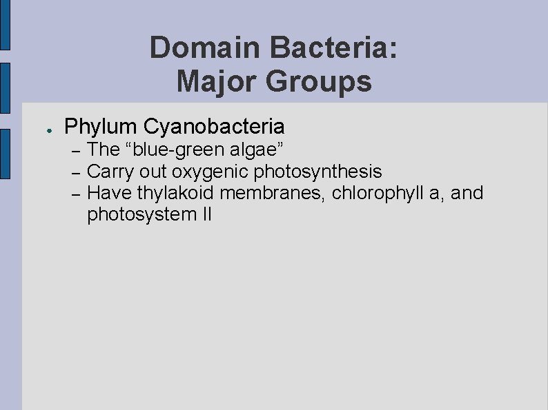 Domain Bacteria: Major Groups ● Phylum Cyanobacteria – – – The “blue-green algae” Carry