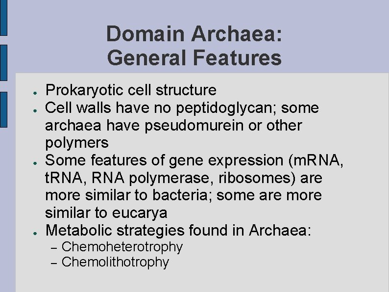 Domain Archaea: General Features ● ● Prokaryotic cell structure Cell walls have no peptidoglycan;