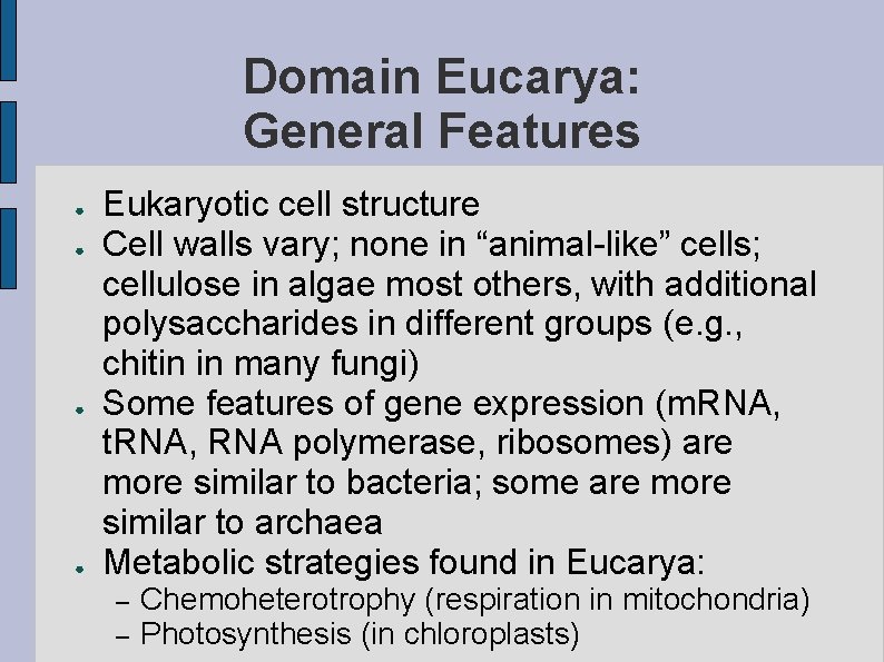 Domain Eucarya: General Features ● ● Eukaryotic cell structure Cell walls vary; none in