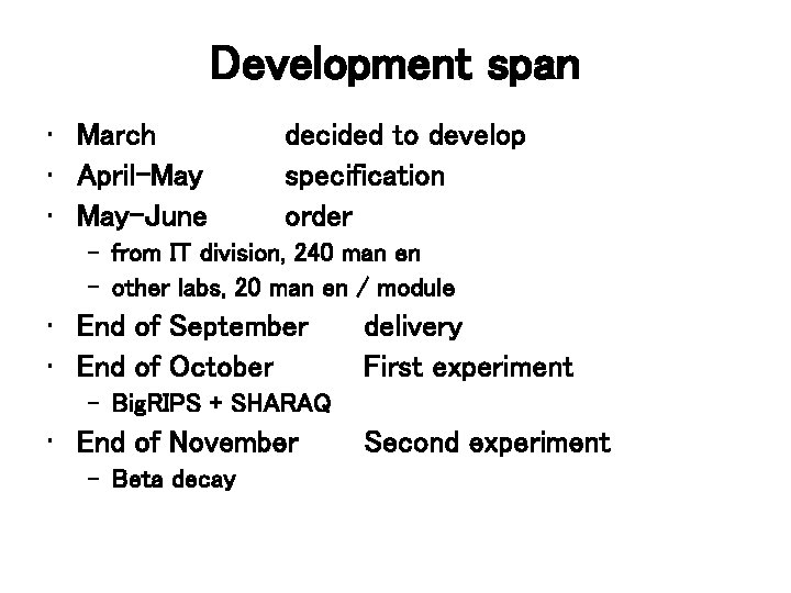 Development span • March • April-May • May-June decided to develop specification order –