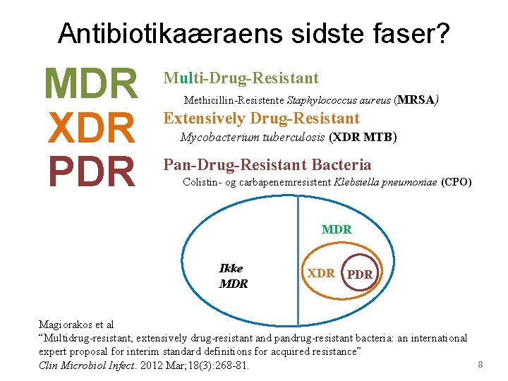 Antibiotikaæraens sidste faser? MDR XDR PDR Multi-Drug-Resistant Methicillin-Resistente Staphylococcus aureus (MRSA) Extensively Drug-Resistant Mycobacterium