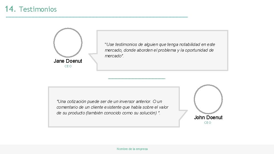 14. Testimonios "Use testimonios de alguien que tenga notabilidad en este Jane Doenut mercado,