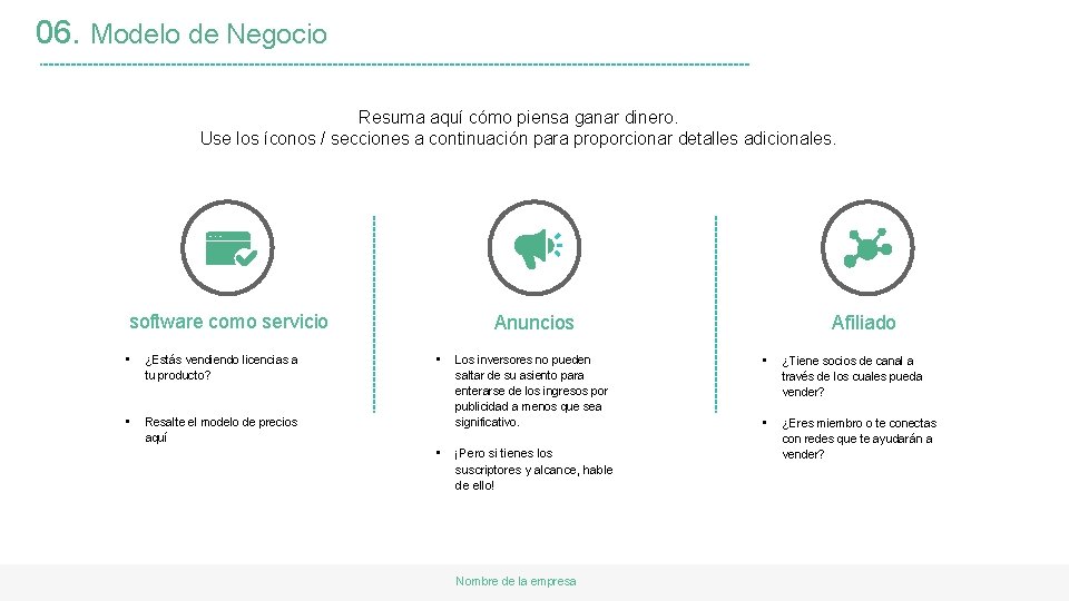 06. Modelo de Negocio Resuma aquí cómo piensa ganar dinero. Use los íconos /