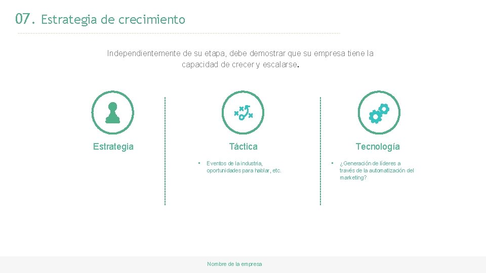 07. Estrategia de crecimiento Independientemente de su etapa, debe demostrar que su empresa tiene