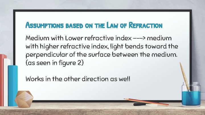 Assumptions based on the Law of Refraction Medium with Lower refractive index ---> medium