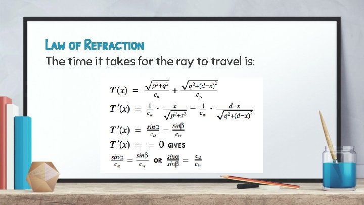 Law of Refraction The time it takes for the ray to travel is: 