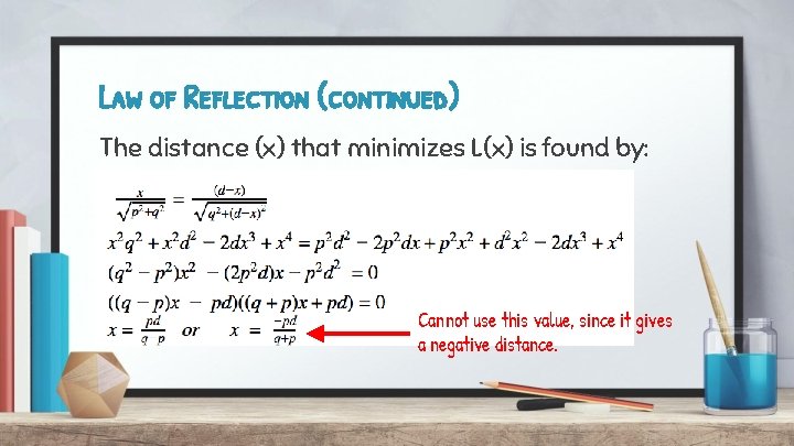 Law of Reflection (continued) The distance (x) that minimizes L(x) is found by: Cannot