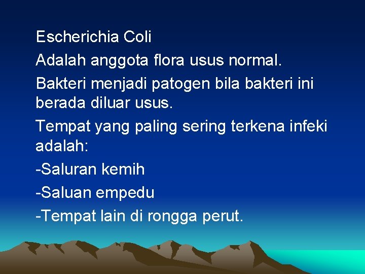 Escherichia Coli Adalah anggota flora usus normal. Bakteri menjadi patogen bila bakteri ini berada