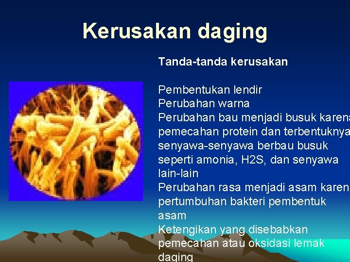 Kerusakan daging Tanda-tanda kerusakan Pembentukan lendir Perubahan warna Perubahan bau menjadi busuk karena pemecahan